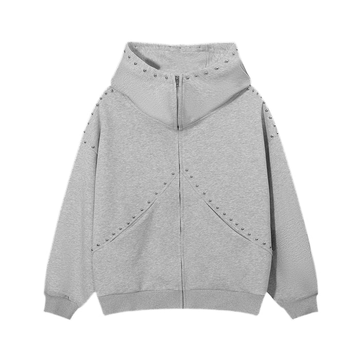 Gray zip hoodie front view showing arc seam stud details and ribbed hem