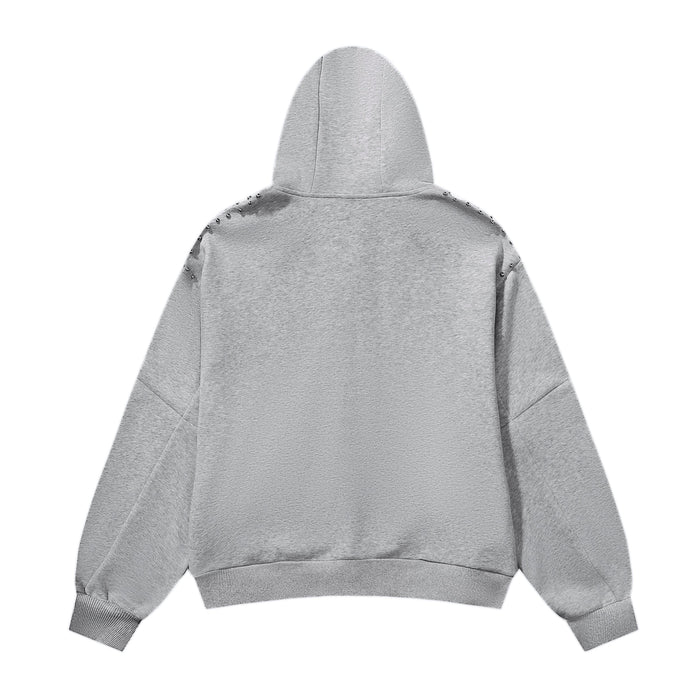 Gray zip hoodie back view with studded shoulder seams and plain back panel