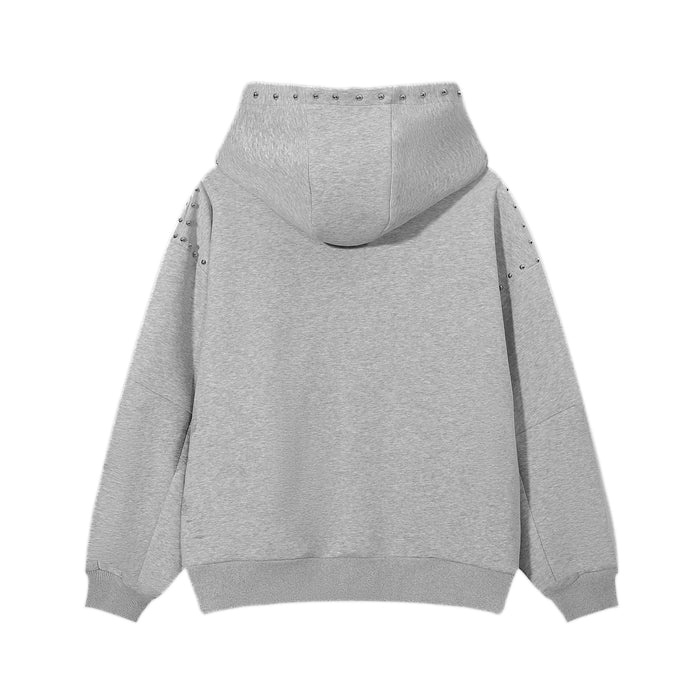 Gray zip hoodie back view with large hood and studded shoulder seams