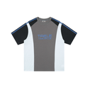Gray colorblock T-shirt with black and white sleeves, blue piping, and TAELE graphic on the chest