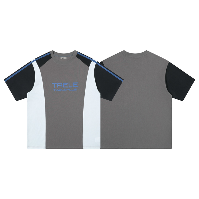 Gray colorblock streetwear T-shirt with black sleeves, white side panels, and blue TAELEPLUS chest logo front and back view