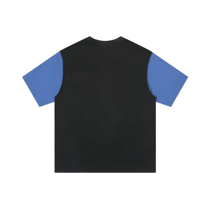 Black colorblock streetwear T-shirt with blue short sleeves and a crew neck, laid flat on a white background