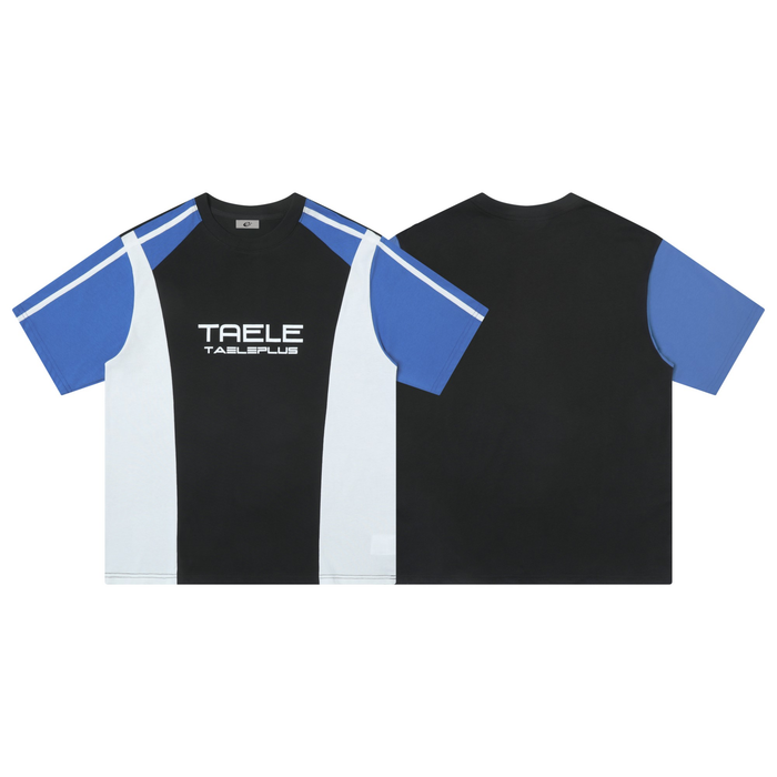Black and blue colorblock streetwear T-shirt with white side panels and bold TAELEPLUS logo on the chest