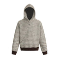 Front view of a textured boucle knit hoodie with brown ribbed cuffs and hem
