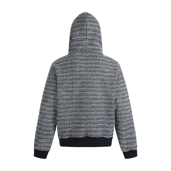Back view of a gray textured knit hoodie with black ribbed hem and cuffs