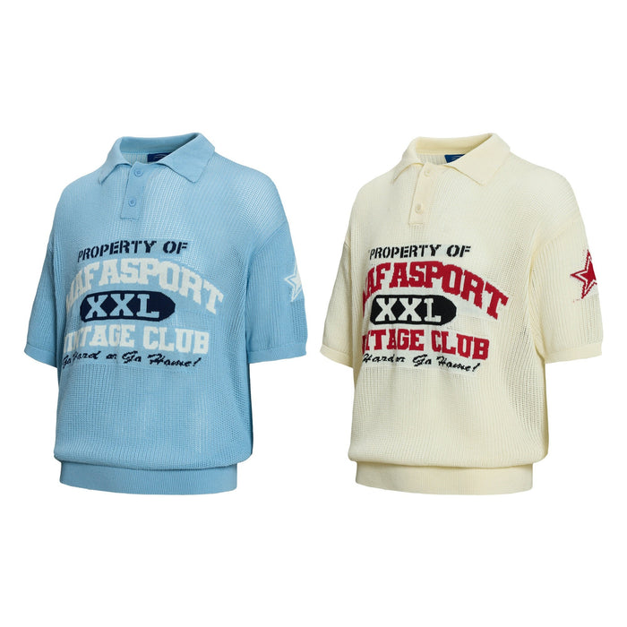 Two varsity knit polo shirts, one light blue and one cream, with bold collegiate-style graphic lettering