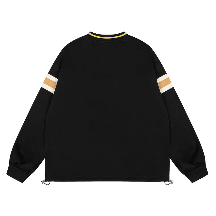 Black varsity sweatshirt back view with yellow striped ribbed collar and striped sleeve bands