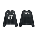 Black washed long sleeve jersey showing front and back with distressed 47 print, varsity patches, and sleeve graphics