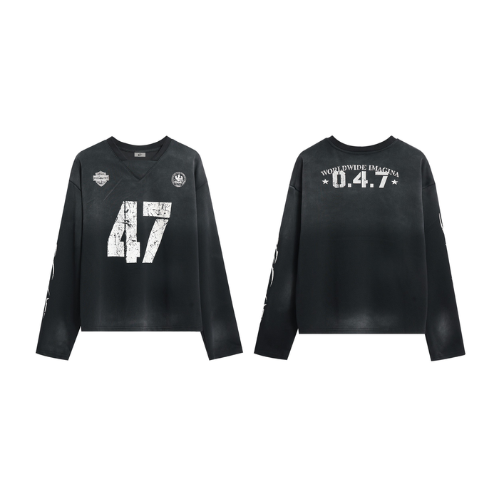 Black washed long sleeve jersey showing front and back with distressed 47 print, varsity patches, and sleeve graphics