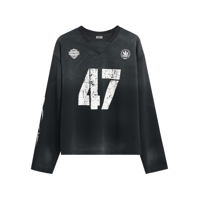 Black long sleeve jersey with V-neck, distressed 47 front print, chest patches
