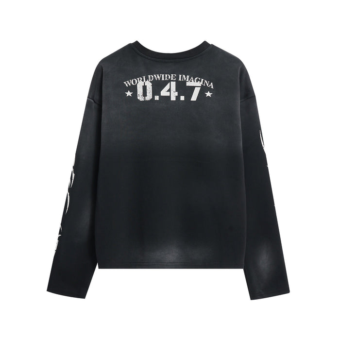 Black long sleeve jersey back view with distressed 0.4.7 graphic at upper back