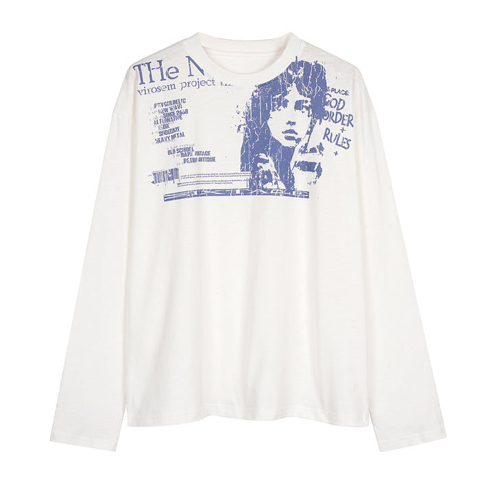 Off-white oversized long sleeve tee with distressed blue vintage graphic print and portrait design on the front