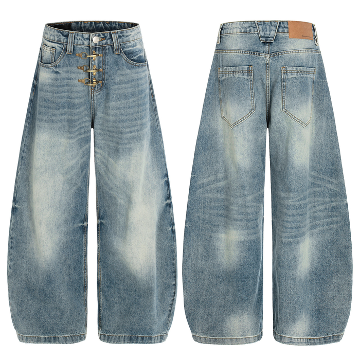 Front and back view of wide-leg vintage wash denim jeans with gold metal hook detailing on the front fly