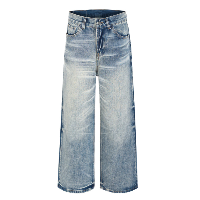 Front view of light-wash wide-leg jeans with five pockets and a button fly