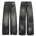 Front and back view of grey washed distressed wide-leg denim jeans with fading and abrasion detailing