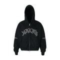 Omirad black washed zip-up hoodie with arched gothic logo embroidery on chest and cross graphics on sleeves, front view