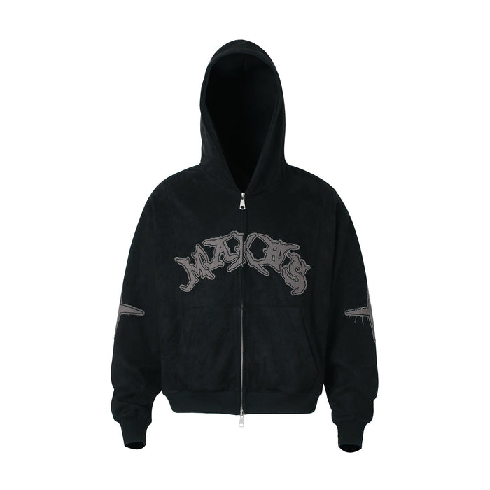 Omirad black washed zip-up hoodie with arched gothic logo embroidery on chest and cross graphics on sleeves, front view