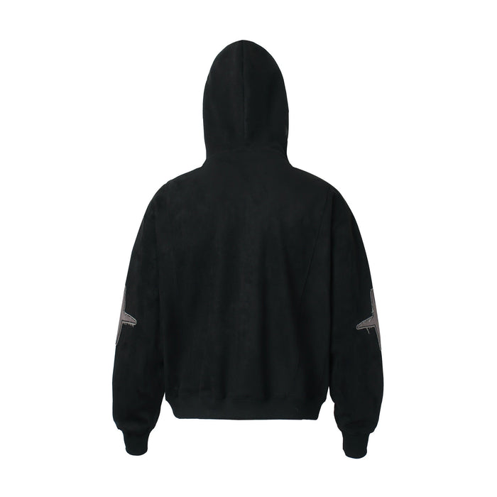 Black oversized zip-up hoodie back view with ribbed cuffs and washed finish