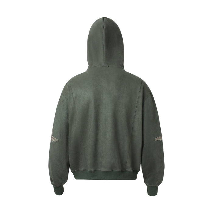 Dark green zip-up hoodie back view with washed finish and ribbed hem