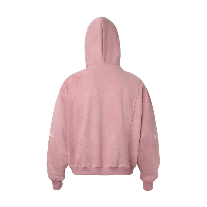 Pink oversized hoodie back view with washed finish and ribbed cuffs