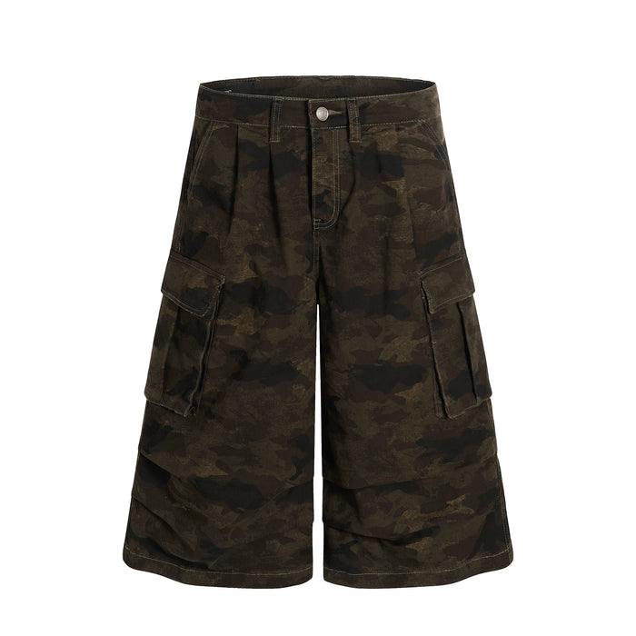 Front view of wide-leg camouflage cargo shorts with flap thigh pockets