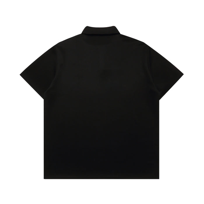 Black short-sleeve gothic polo shirt with a classic collar, shown flat on a white background