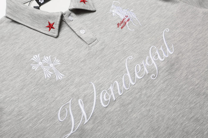 Light gray embroidered gothic polo shirt with red star collar details and decorative white lettering on the chest