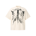 Cream short-sleeve tee with bold black ribcage skeleton print on the front, featuring a streetwear-inspired graphic design