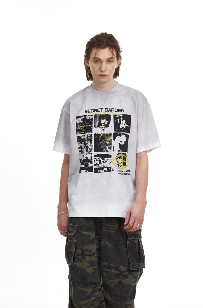 Oversized light gray Secret Garden graphic T-shirt with black-and-yellow collage print and streetwear fit