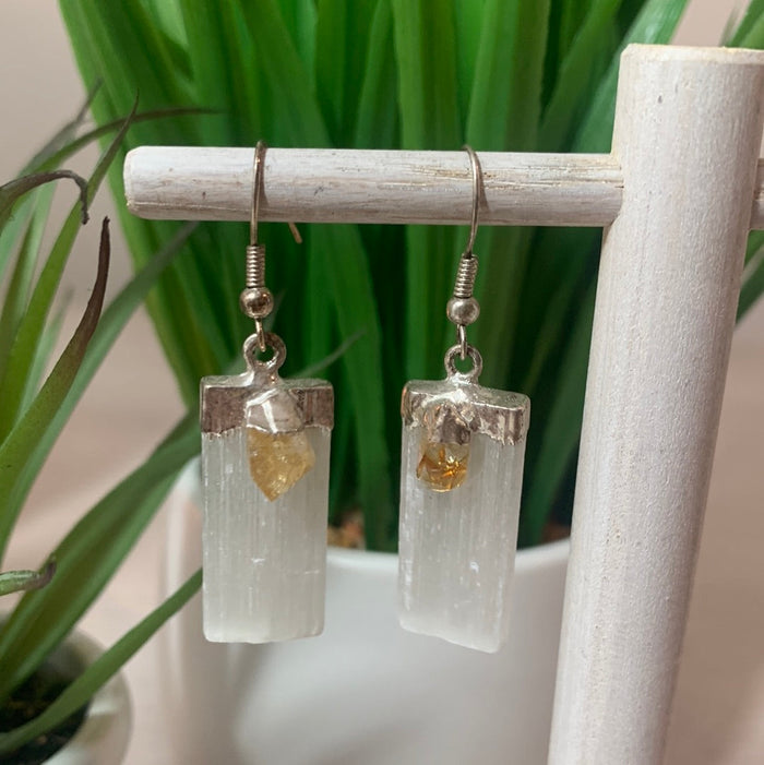 Selenite Blade Silver Plated Earrings (Citrine, Amethyst, Kyanite, Tourmaline)