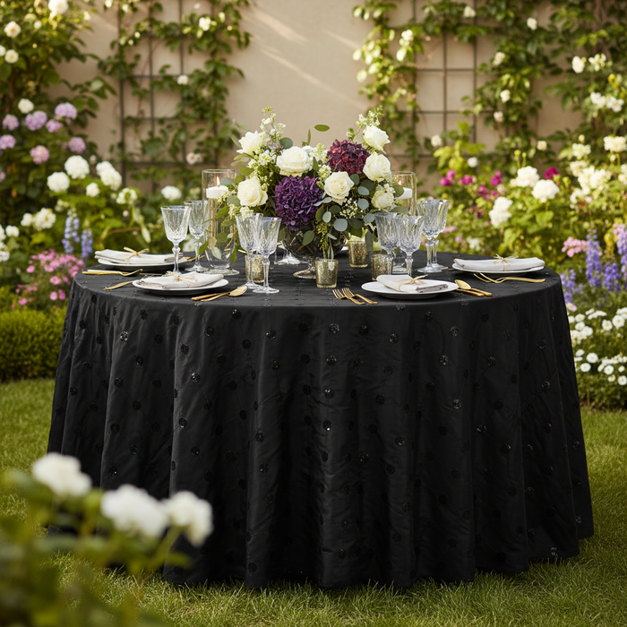 Black Sequin Embroidery Taffeta 120 Round Tablecloth in Garden Reception.