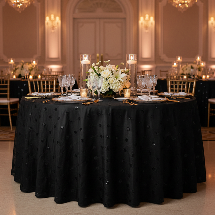 Black Sequin Embroidery Taffeta 120 Round Tablecloth with Gold Chiavari Chairs.