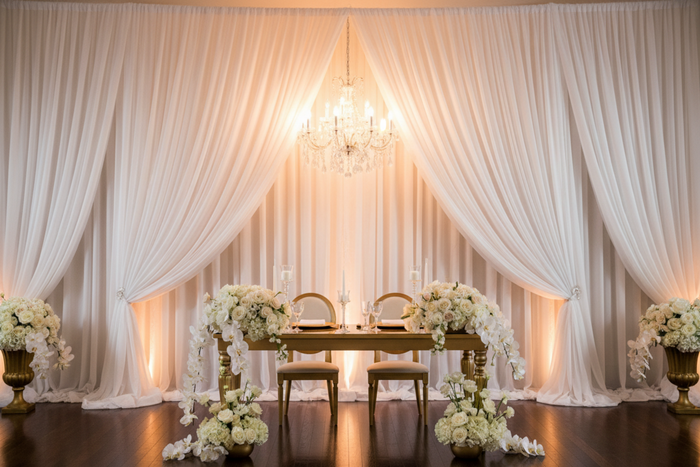 sweetheart table with Sheer Voile Flame Retardant (FR) 10ft H x 118" W Drape/Backdrop Curtain Panel - White