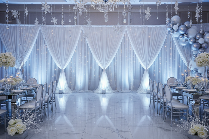 quinceañera with Sheer Voile Flame Retardant (FR) 10ft H x 118" W Drape/Backdrop Curtain Panel - White