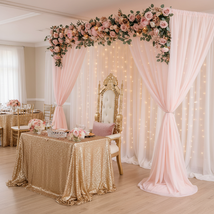 Sheer Voile Flame Retardant (FR) 12ft H x 118" W Drape/Backdrop Curtain Panel - Blush/Rose Gold with flower premade runner | white chiffon curtain | led lights backdrop |