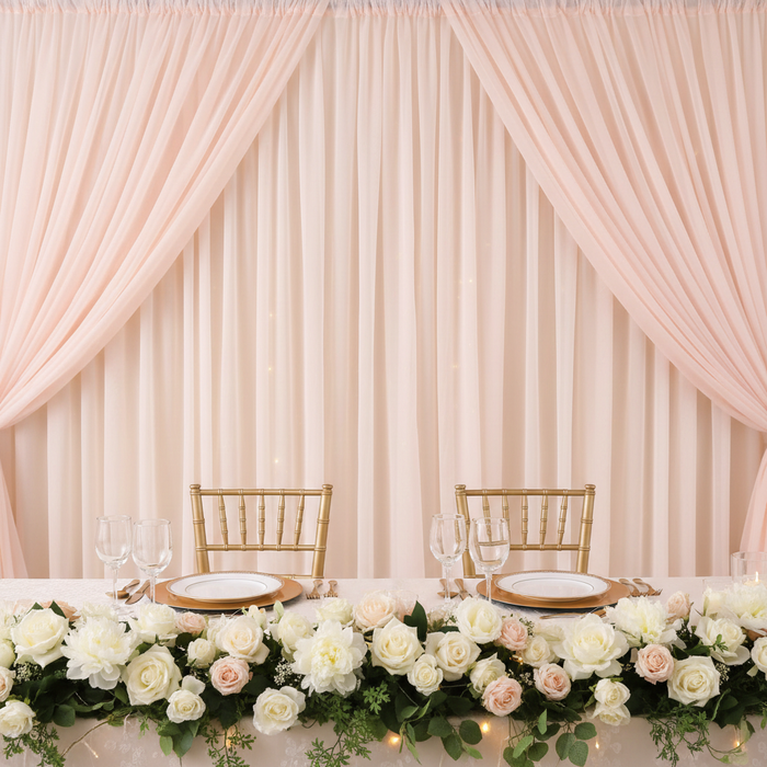 Sheer Voile Flame Retardant (FR) 12ft H x 118" W Drape/Backdrop Curtain Panel - Blush/Rose Gold for indoor wedding reception
