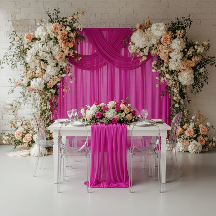 Sheer Voile Flame Retardant (FR) 14ft H x 118" W Drape/Backdrop Curtain Panel - Fuchsia.