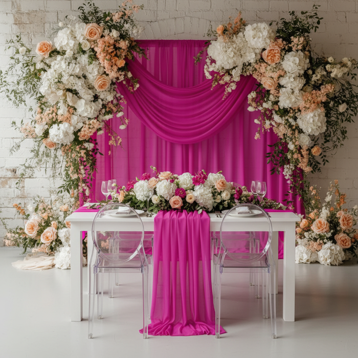 Sheer Voile Flame Retardant (FR) 14ft H x 118" W Drape/Backdrop Curtain Panel - Fuchsia.