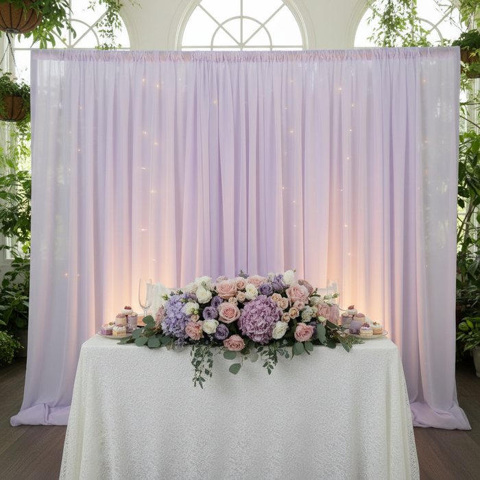 Sheer Voile Flame Retardant (FR) 14ft H x 118" W Drape/Backdrop Curtain Panel - Lavender sweetheart table