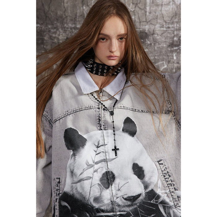 Shop Unique Panda Print Denim Chambray Jacket on Sale - Men's and Women's Long Sleeve Vintage Style - Seakoff