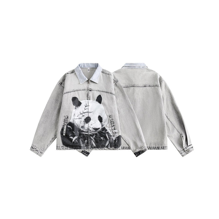 Shop Unique Panda Print Denim Chambray Jacket on Sale - Men's and Women's Long Sleeve Vintage Style - Seakoff