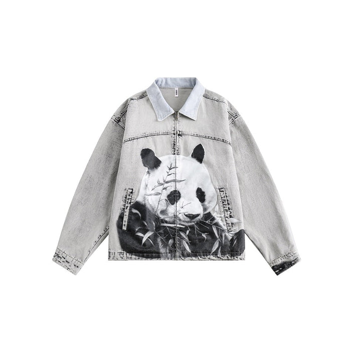 Shop Unique Panda Print Denim Chambray Jacket on Sale - Men's and Women's Long Sleeve Vintage Style - Seakoff
