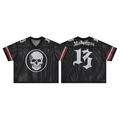 Black semi-sheer mesh football jersey with white circular skull emblem graphic on front and red contrast stripe sleeves