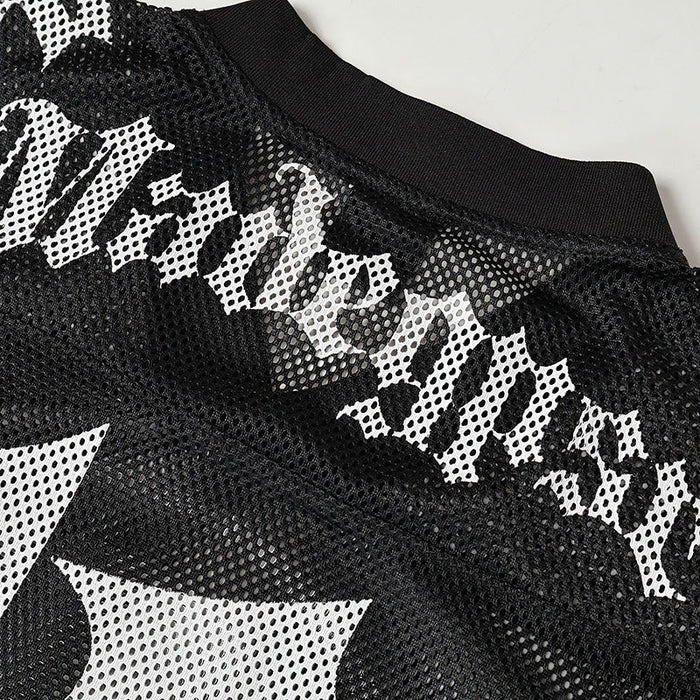 Black mesh football jersey with gothic white lettering and skull emblem print on the chest and shoulder trim
