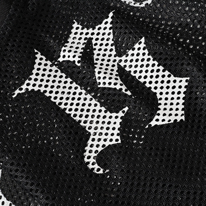 Black mesh football jersey with white skull emblem graphic and gothic streetwear style
