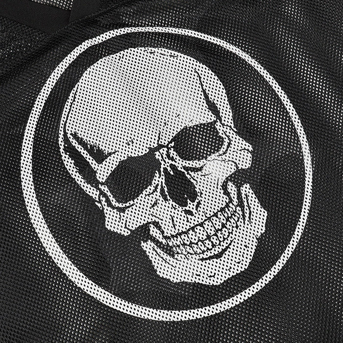 Black mesh football jersey with large white skull emblem graphic and gothic streetwear style