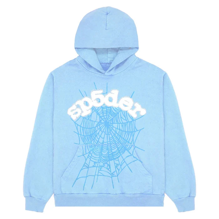 The Sp5der Hoodie – Sky Blue 440GSM delivers streetwear style with a chenille logo and spider-web detail. This heavyweight pullover features a front pocket and cozy hood for comfort and bold looks.
