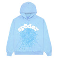 The Sp5der Hoodie – Sky Blue 440GSM delivers streetwear style with a chenille logo and spider-web detail. This heavyweight pullover features a front pocket and cozy hood for comfort and bold looks.