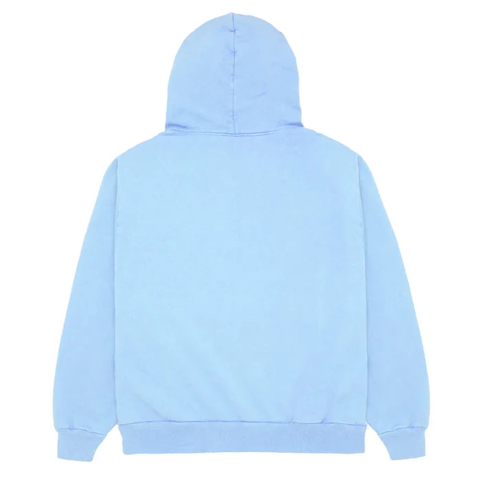 The Sp5der Hoodie – Sky Blue 440GSM Heavyweight Chenille Logo Spider-Web Streetwear Pullover is shown from the back with the hood up and sleeves flat, highlighting its bold chenille spider-web logo for a standout streetwear statement.