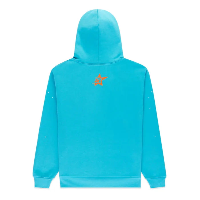 The Sp5der “Nevermind the Spider” Hoodie in sky blue is a 440GSM heavyweight streetwear pullover shown from the back, with a small orange star outlined in white and minimal white accent dots, crafted from premium cotton fleece.